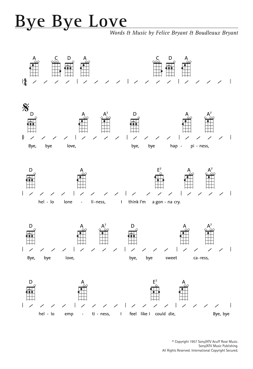 Download The Everly Brothers Bye Bye Love Sheet Music and learn how to play Ukulele PDF digital score in minutes