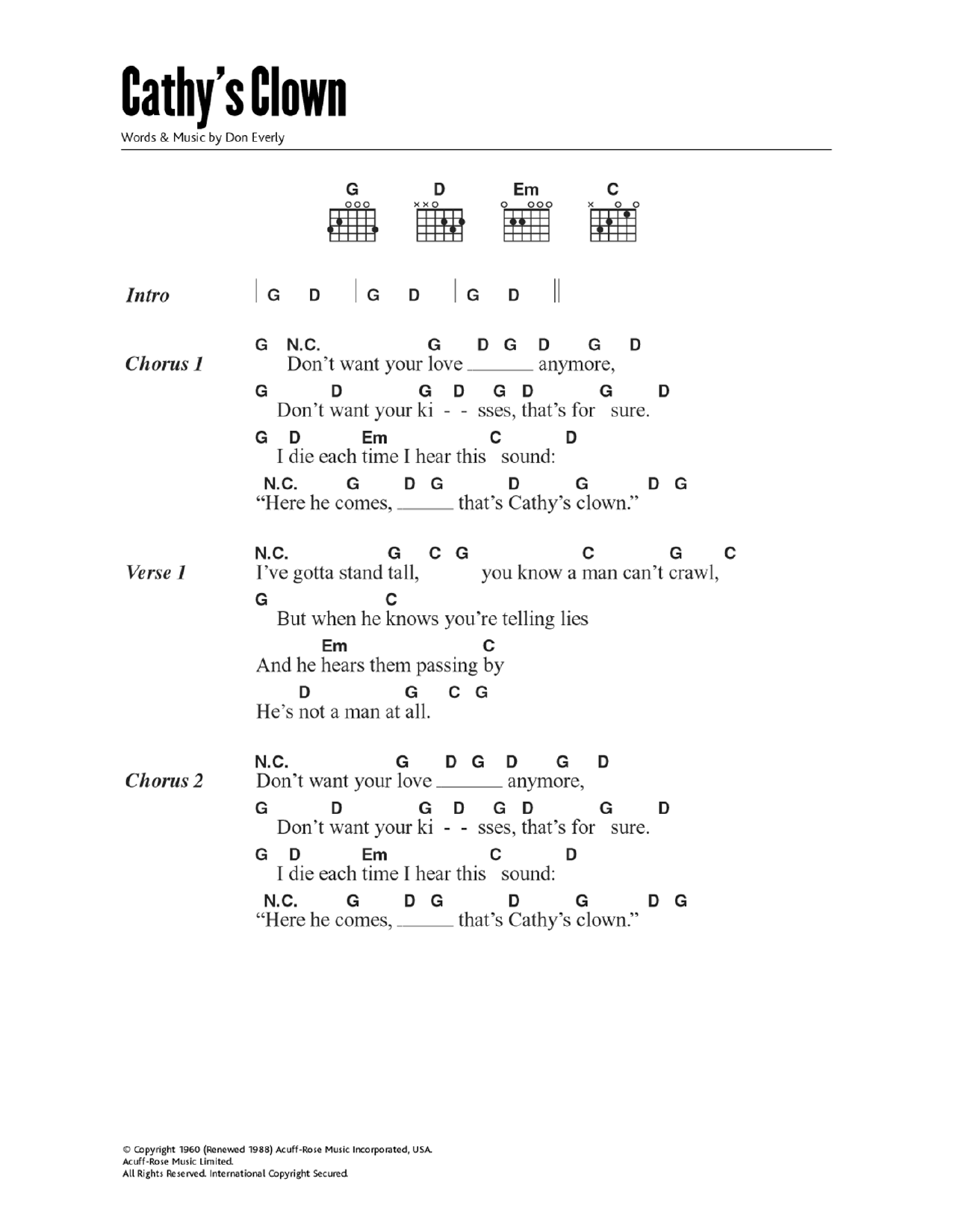 Download The Everly Brothers Cathy's Clown Sheet Music and learn how to play Lyrics & Chords PDF digital score in minutes