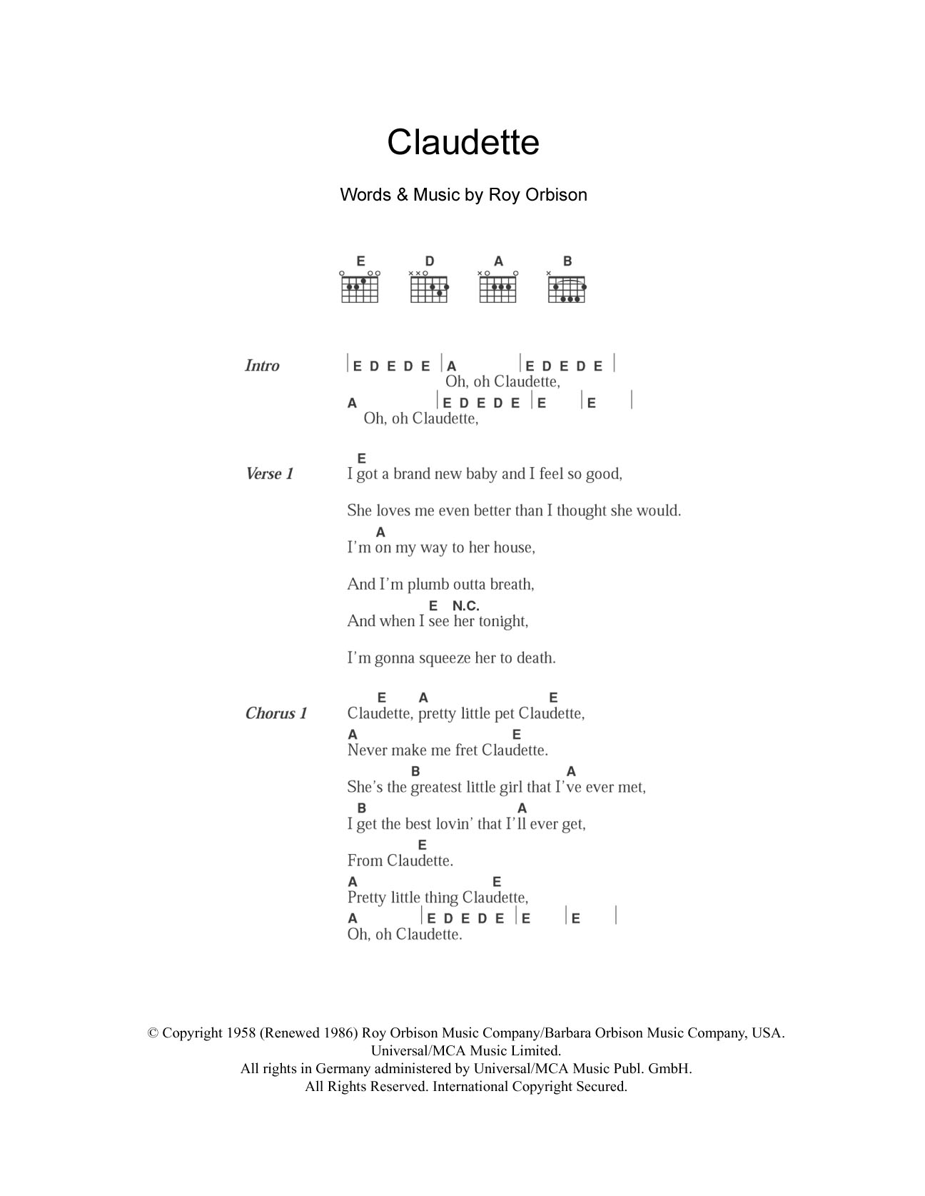 Download The Everly Brothers Claudette Sheet Music and learn how to play Lyrics & Chords PDF digital score in minutes