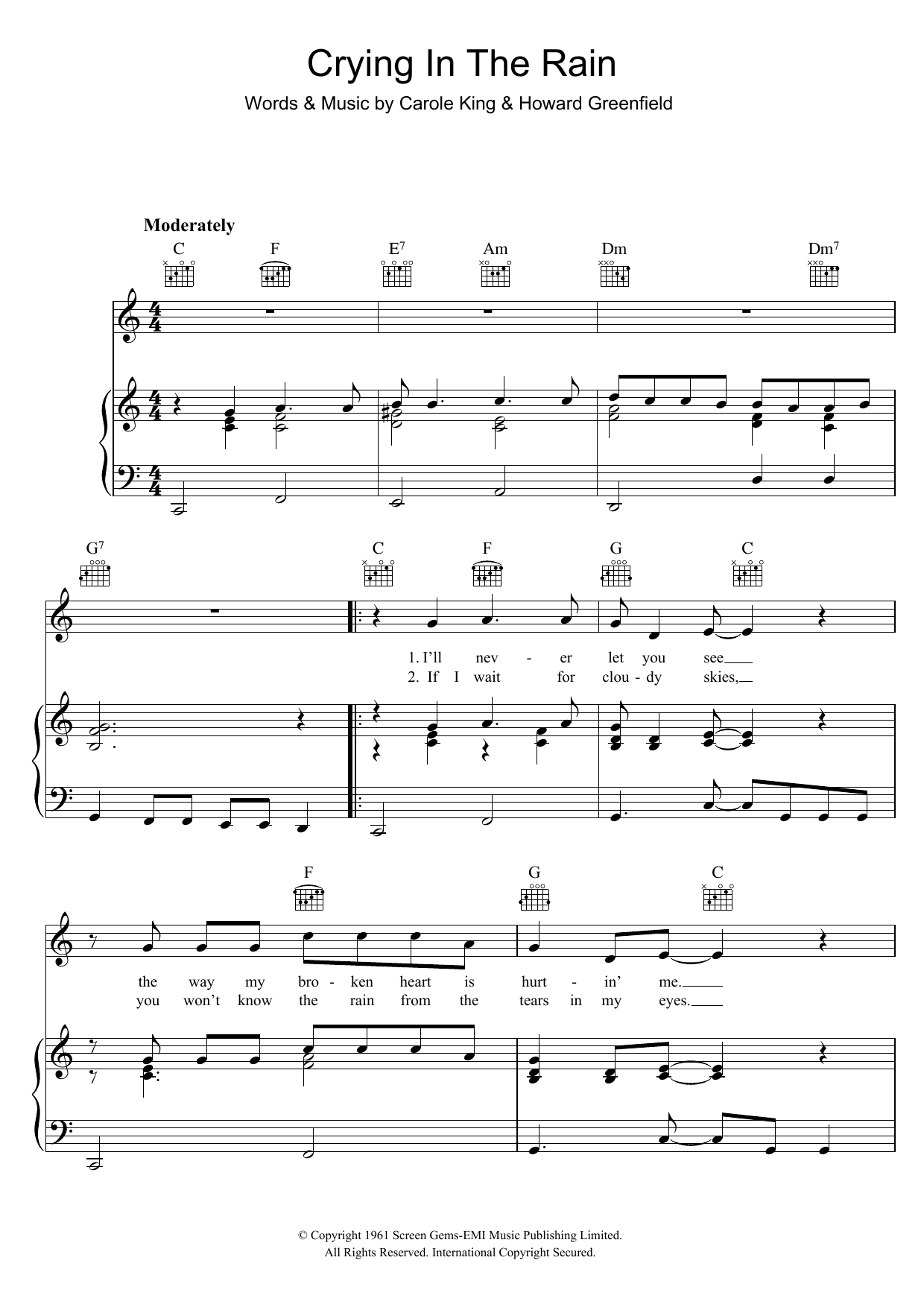 Download The Everly Brothers Crying In The Rain Sheet Music and learn how to play Piano, Vocal & Guitar (Right-Hand Melody) PDF digital score in minutes