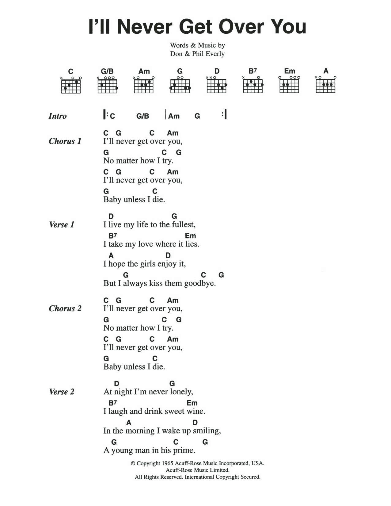 Download The Everly Brothers I'll Never Get Over You Sheet Music and learn how to play Guitar Chords/Lyrics PDF digital score in minutes