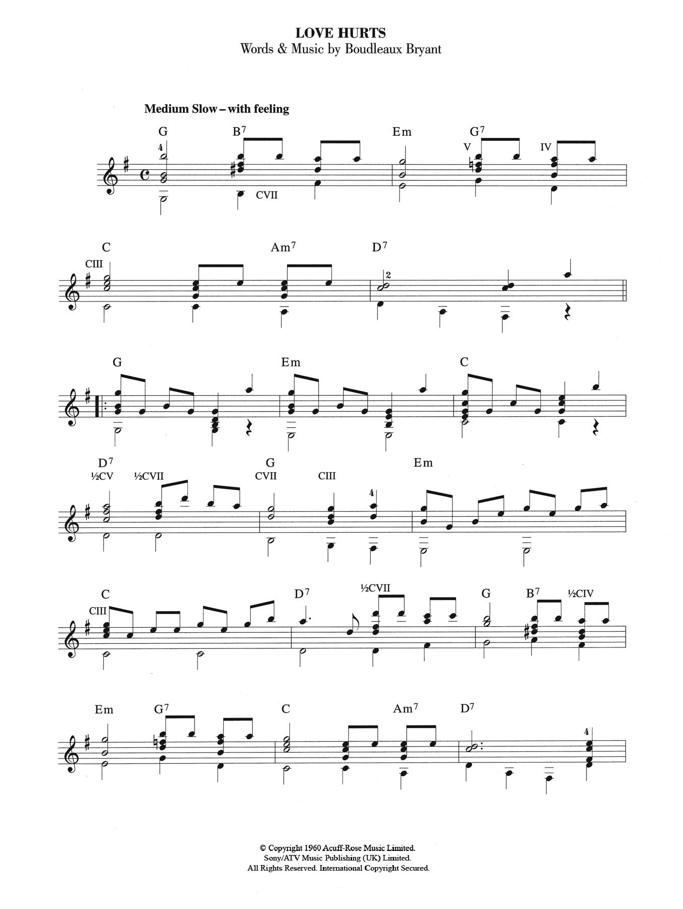 Download The Everly Brothers Love Hurts Sheet Music and learn how to play Guitar PDF digital score in minutes