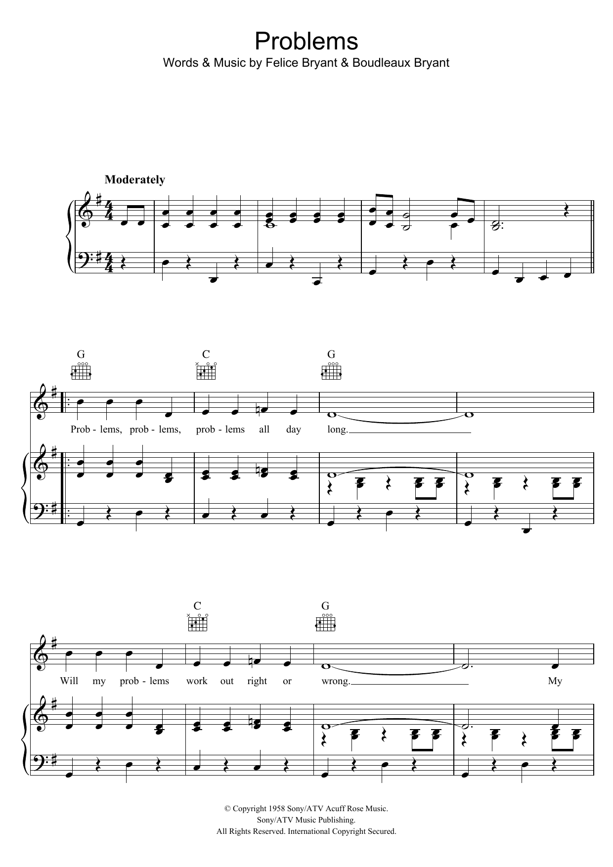 Download The Everly Brothers Problems Sheet Music and learn how to play Piano, Vocal & Guitar (Right-Hand Melody) PDF digital score in minutes