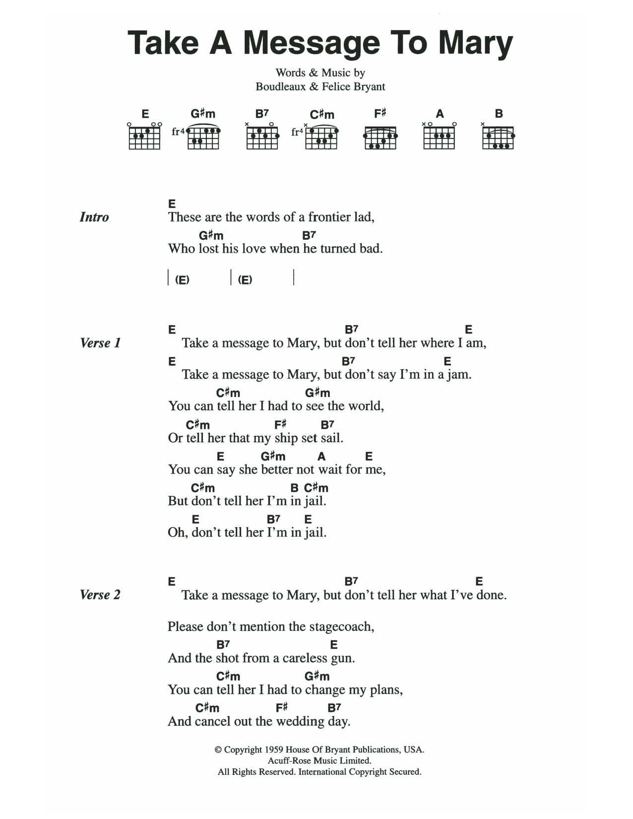 Download The Everly Brothers Take A Message To Mary Sheet Music and learn how to play Lyrics & Chords PDF digital score in minutes