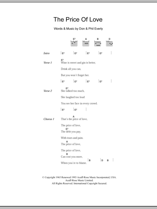 Download The Everly Brothers The Price Of Love Sheet Music and learn how to play Piano, Vocal & Guitar (Right-Hand Melody) PDF digital score in minutes