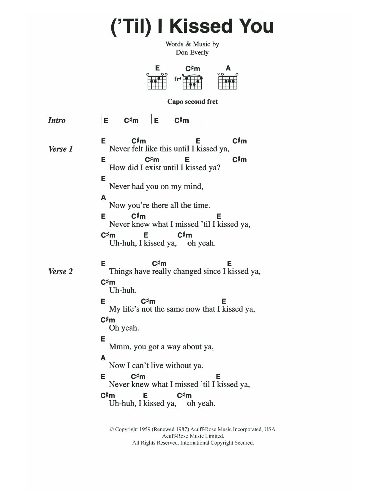 Download The Everly Brothers ('Til) I Kissed You Sheet Music and learn how to play Lyrics & Chords PDF digital score in minutes