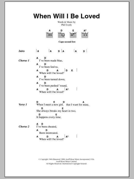 Download The Everly Brothers When Will I Be Loved? Sheet Music and learn how to play Lyrics & Chords PDF digital score in minutes