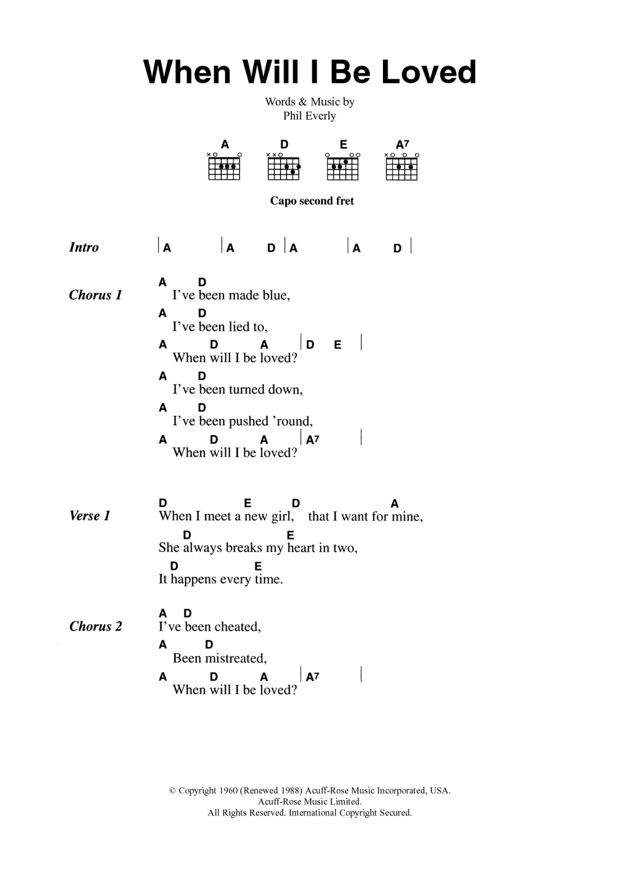 Download The Everly Brothers When Will I Be Loved? Sheet Music and learn how to play Lyrics & Chords PDF digital score in minutes