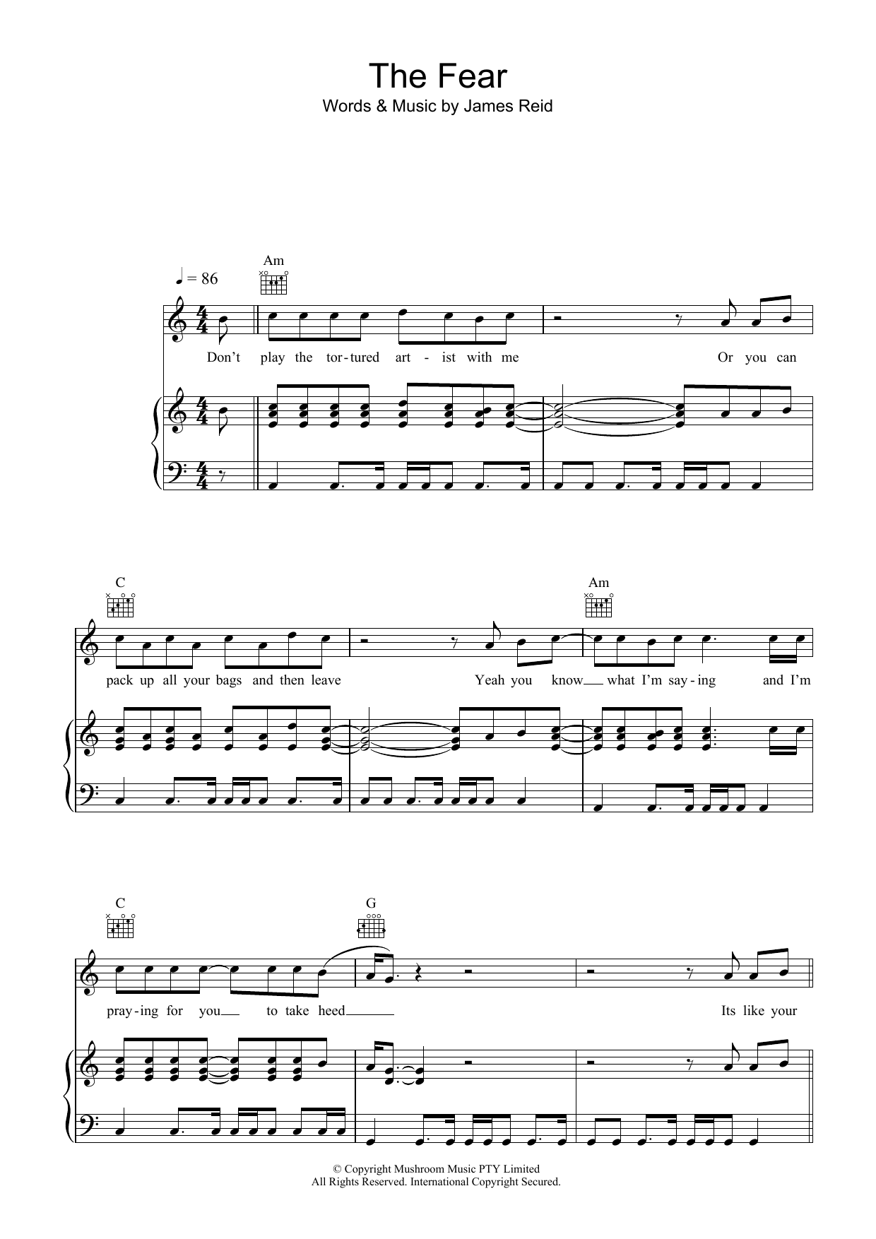 Download The Feelers The Fear Sheet Music and learn how to play Piano, Vocal & Guitar (Right-Hand Melody) PDF digital score in minutes