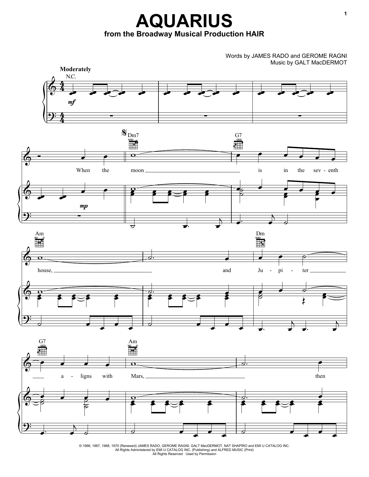 Download The Fifth Dimension Aquarius Sheet Music and learn how to play Piano, Vocal & Guitar (Right-Hand Melody) PDF digital score in minutes
