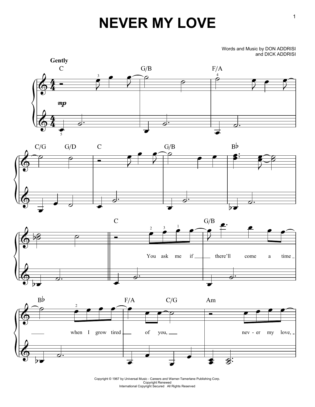 Download The Association Never My Love Sheet Music and learn how to play Easy Piano PDF digital score in minutes