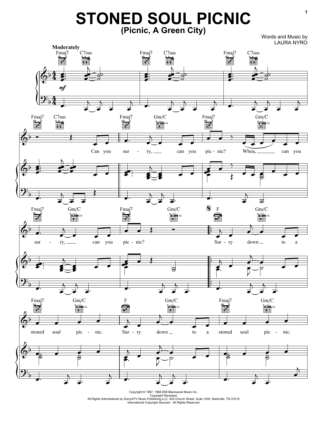 Download The Fifth Dimension Stoned Soul Picnic (Picnic, A Green City) Sheet Music and learn how to play Piano, Vocal & Guitar (Right-Hand Melody) PDF digital score in minutes