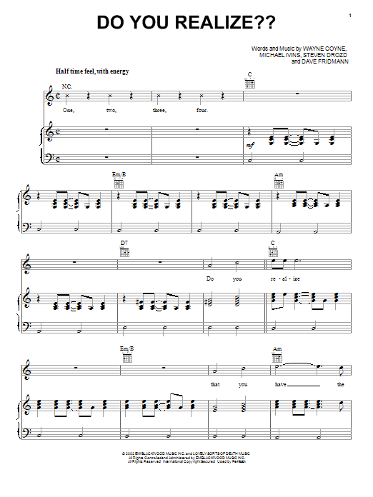 Download The Flaming Lips Do You Realize?? Sheet Music and learn how to play Piano, Vocal & Guitar (Right-Hand Melody) PDF digital score in minutes