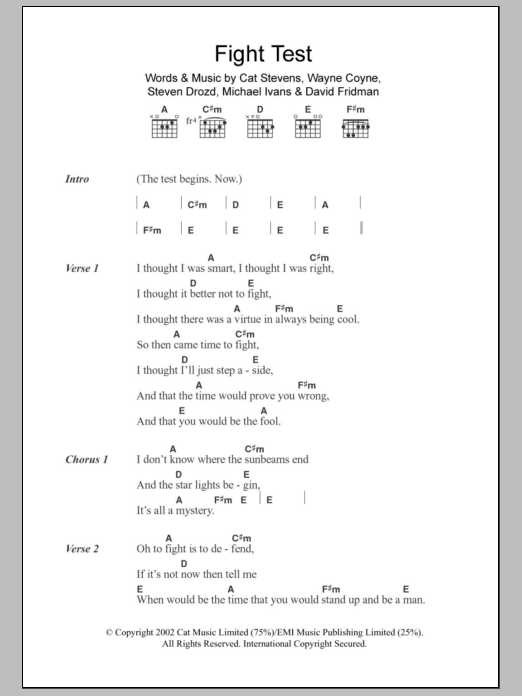 Download The Flaming Lips Fight Test Sheet Music and learn how to play Lyrics & Chords PDF digital score in minutes