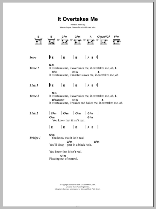 Download The Flaming Lips It Overtakes Me Sheet Music and learn how to play Lyrics & Chords PDF digital score in minutes