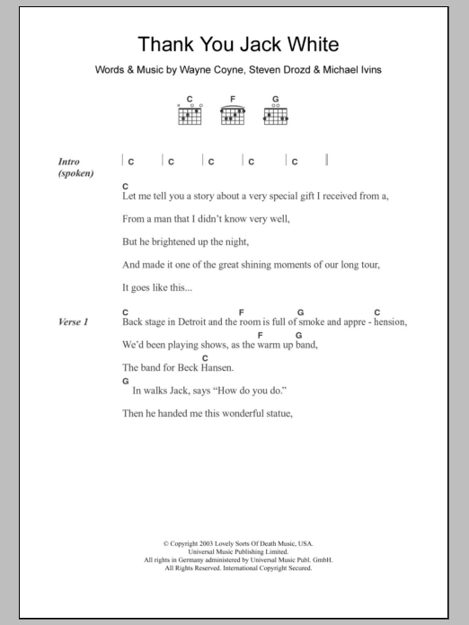 Download The Flaming Lips Thank You Jack White Sheet Music and learn how to play Lyrics & Chords PDF digital score in minutes