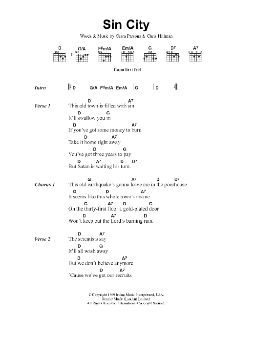 Download The Flying Burrito Brothers Sin City Sheet Music and learn how to play Lyrics & Chords PDF digital score in minutes