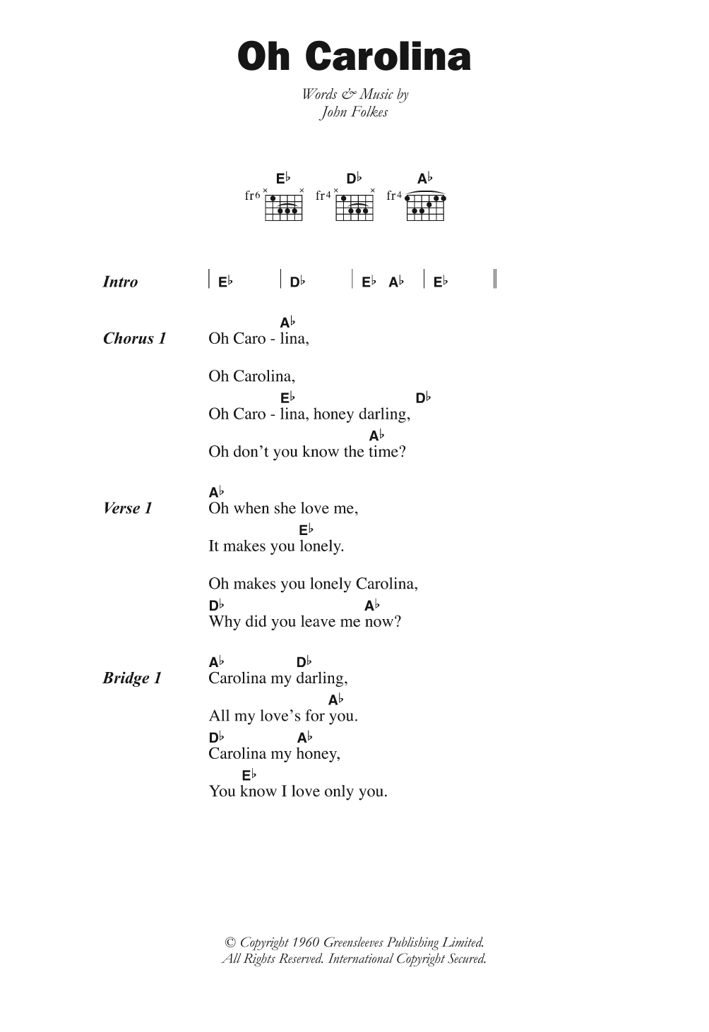 Download The Folkes Brothers Oh Carolina Sheet Music and learn how to play Lyrics & Chords PDF digital score in minutes