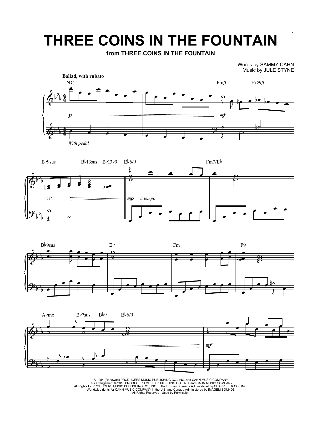 Download The Four Aces Three Coins In The Fountain Sheet Music and learn how to play Piano PDF digital score in minutes