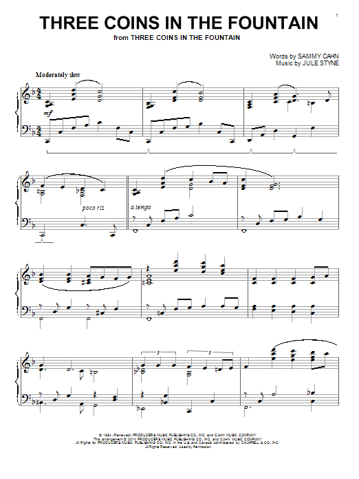 Download The Four Aces Three Coins In The Fountain Sheet Music and learn how to play Piano PDF digital score in minutes