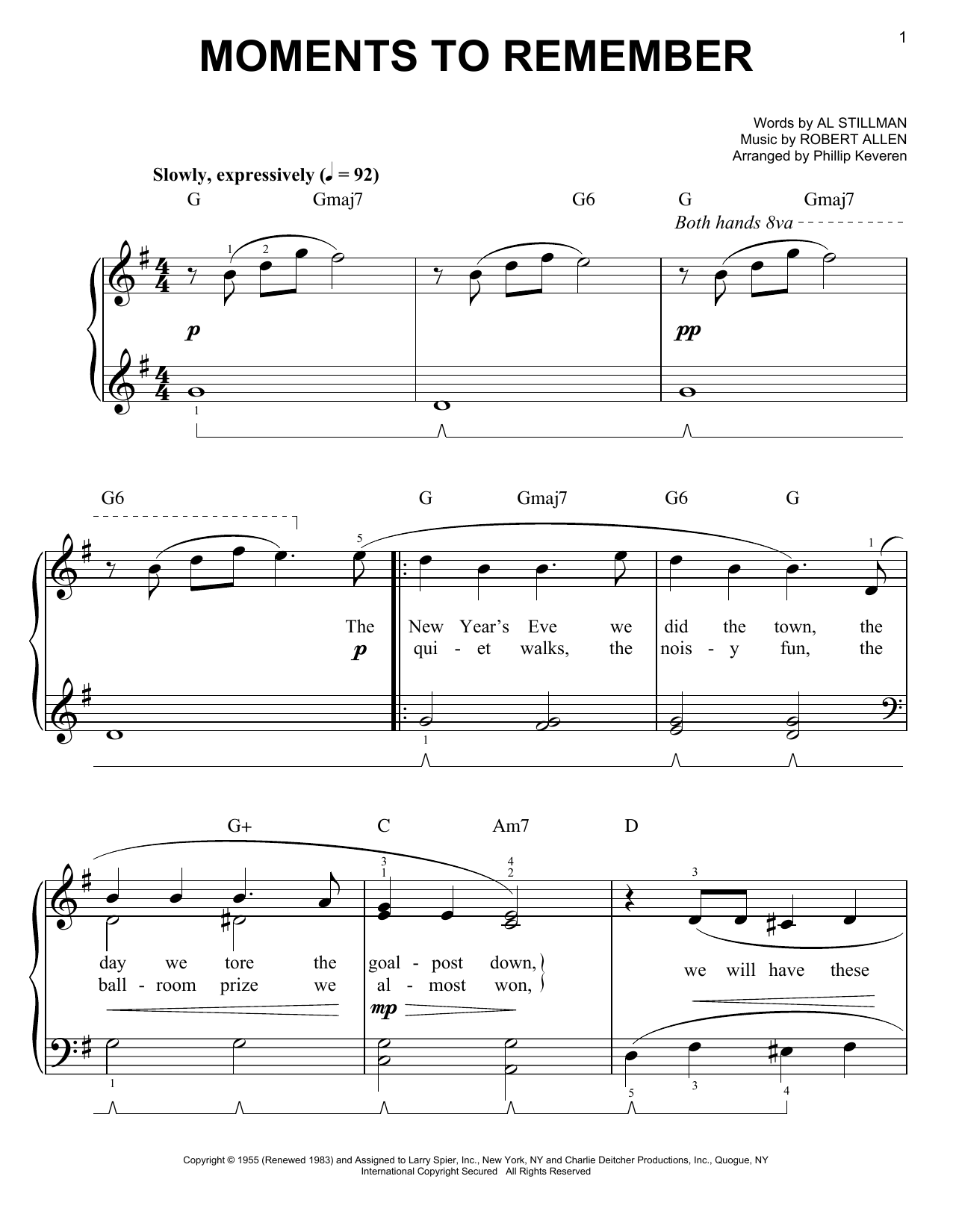 Download The Four Lads Moments To Remember (arr. Phillip Keveren) Sheet Music and learn how to play Easy Piano PDF digital score in minutes