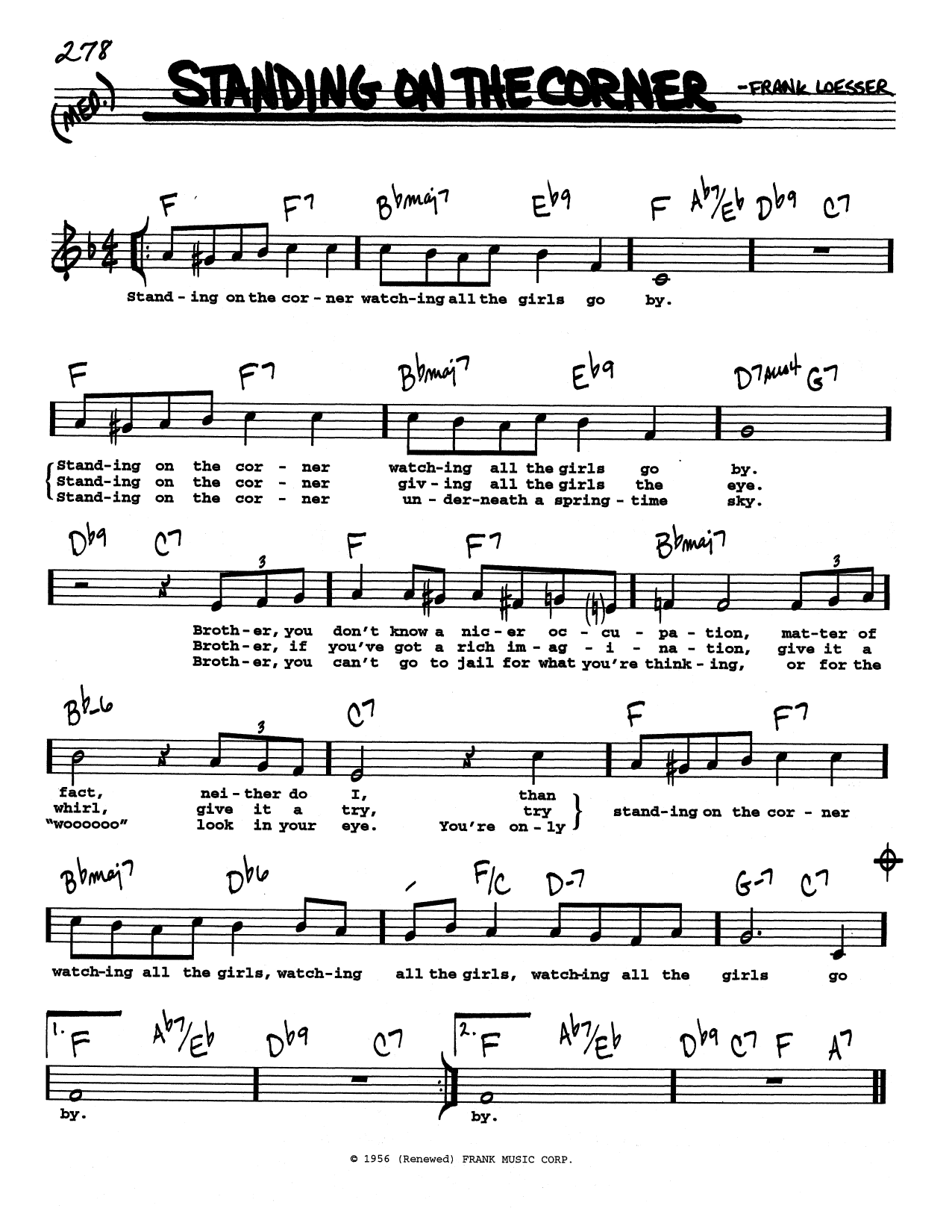 Download The Four Lads Standing On The Corner (Low Voice) Sheet Music and learn how to play Real Book – Melody, Lyrics & Chords PDF digital score in minutes