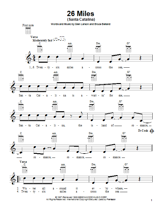 Download The Four Preps 26 Miles (Santa Catalina) Sheet Music and learn how to play Ukulele PDF digital score in minutes