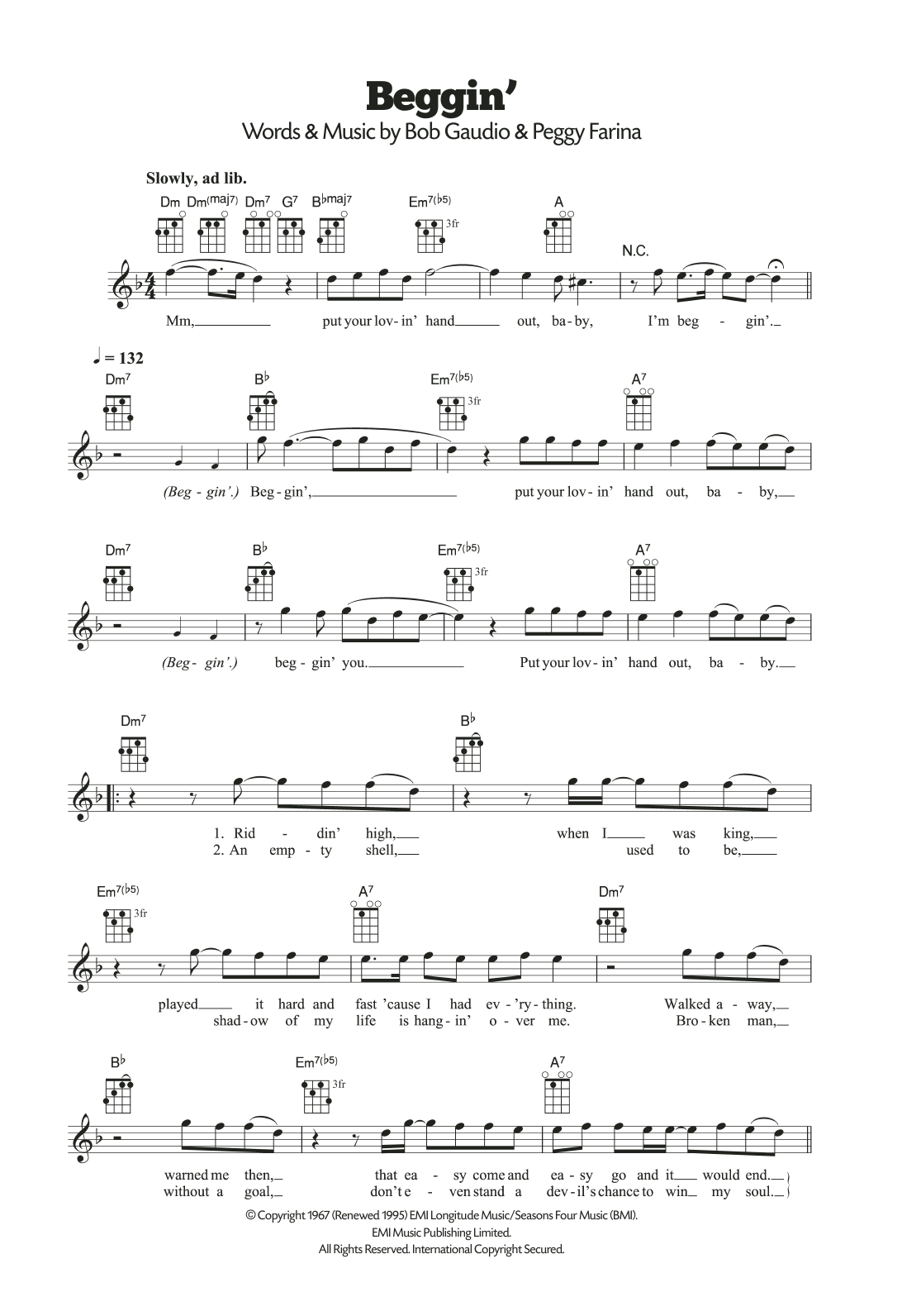 Download The Four Seasons Beggin' Sheet Music and learn how to play Ukulele PDF digital score in minutes