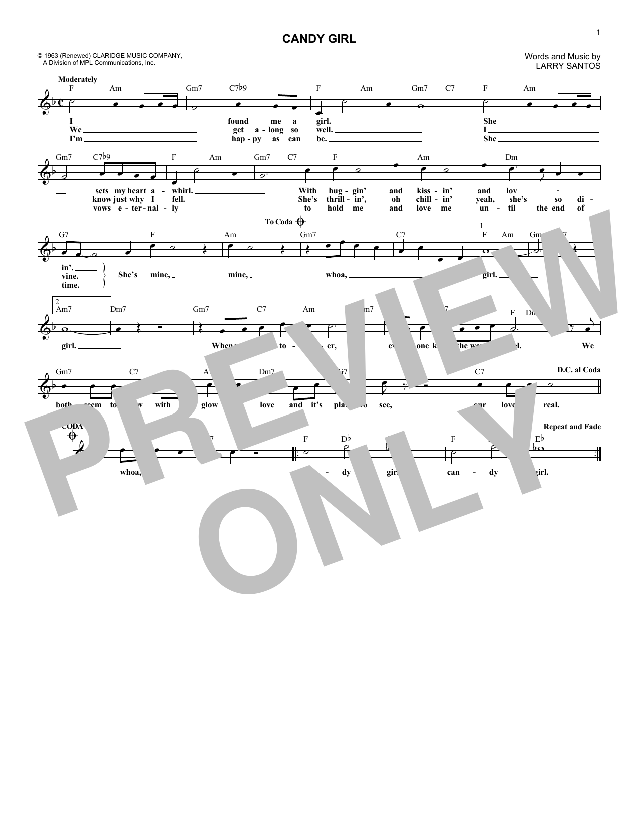 Download The Four Seasons Candy Girl Sheet Music and learn how to play Melody Line, Lyrics & Chords PDF digital score in minutes