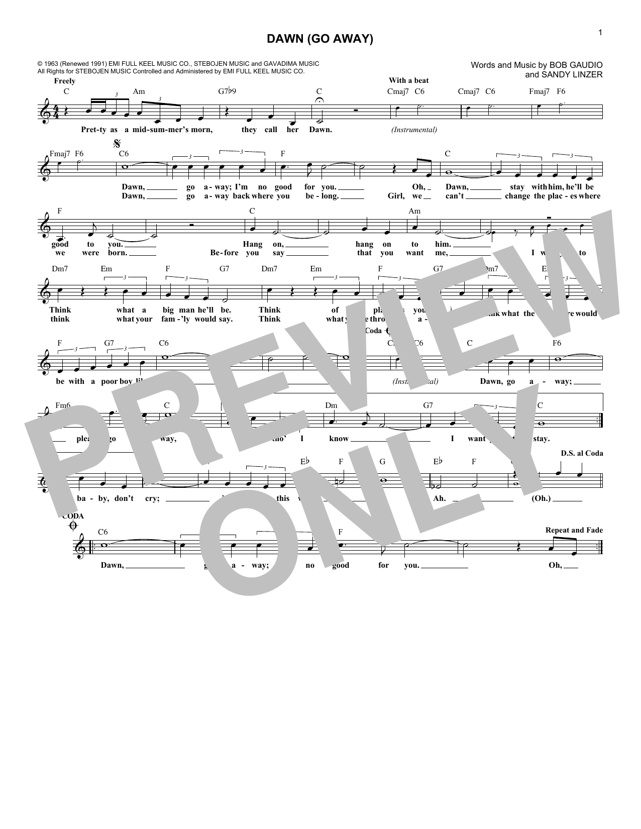 Download The Four Seasons Dawn (Go Away) Sheet Music and learn how to play Melody Line, Lyrics & Chords PDF digital score in minutes