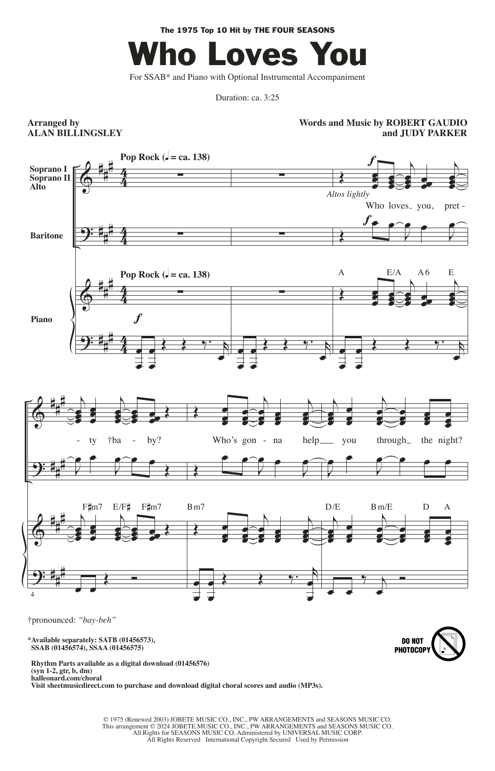 Download The Four Seasons Who Loves You (arr. Alan Billingsley) Sheet Music and learn how to play SSAB Choir PDF digital score in minutes