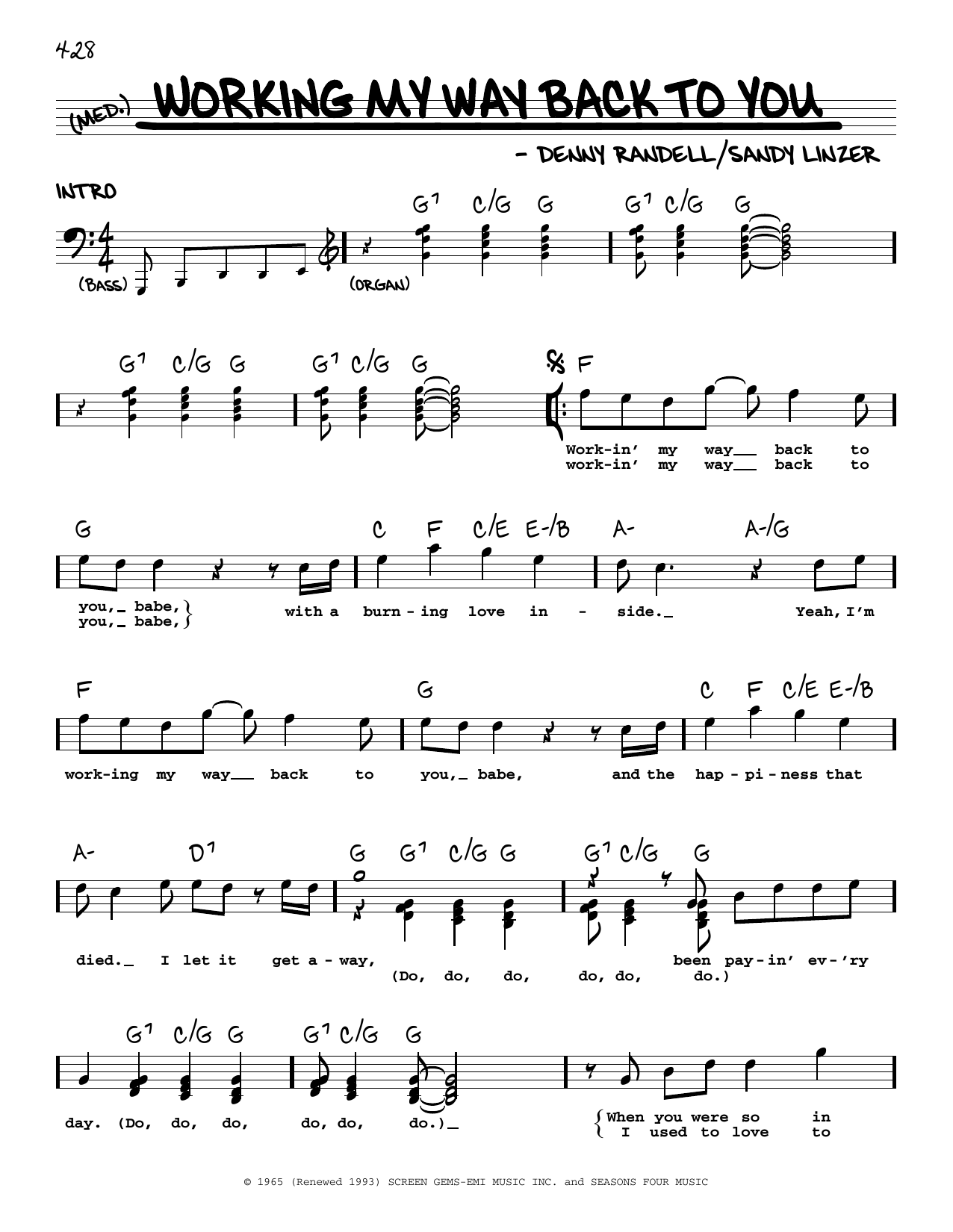 Download The Four Seasons Workin' My Way Back To You Sheet Music and learn how to play Real Book – Melody, Lyrics & Chords PDF digital score in minutes