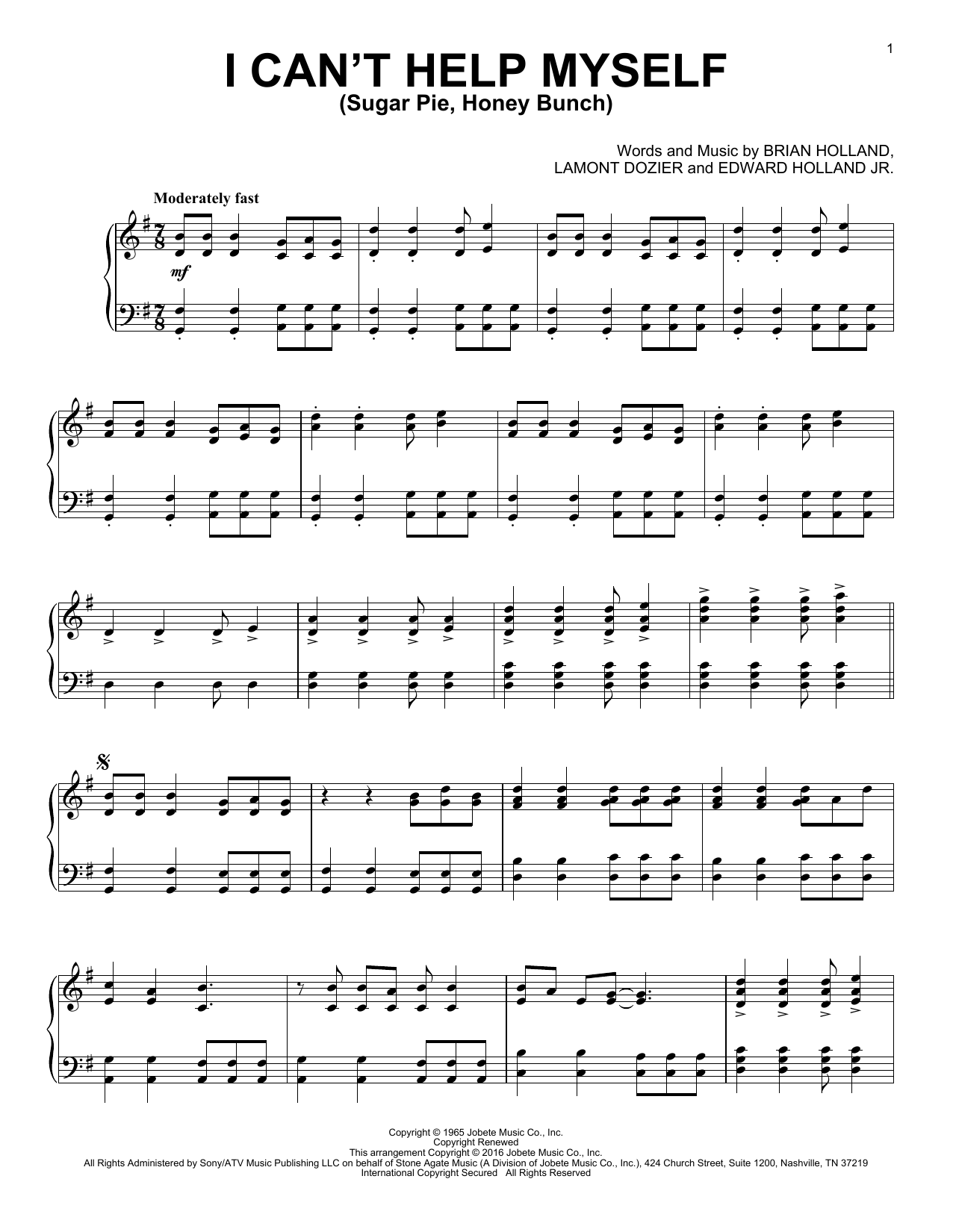 Download The Four Tops I Can't Help Myself (Sugar Pie, Honey Bunch) Sheet Music and learn how to play Piano PDF digital score in minutes