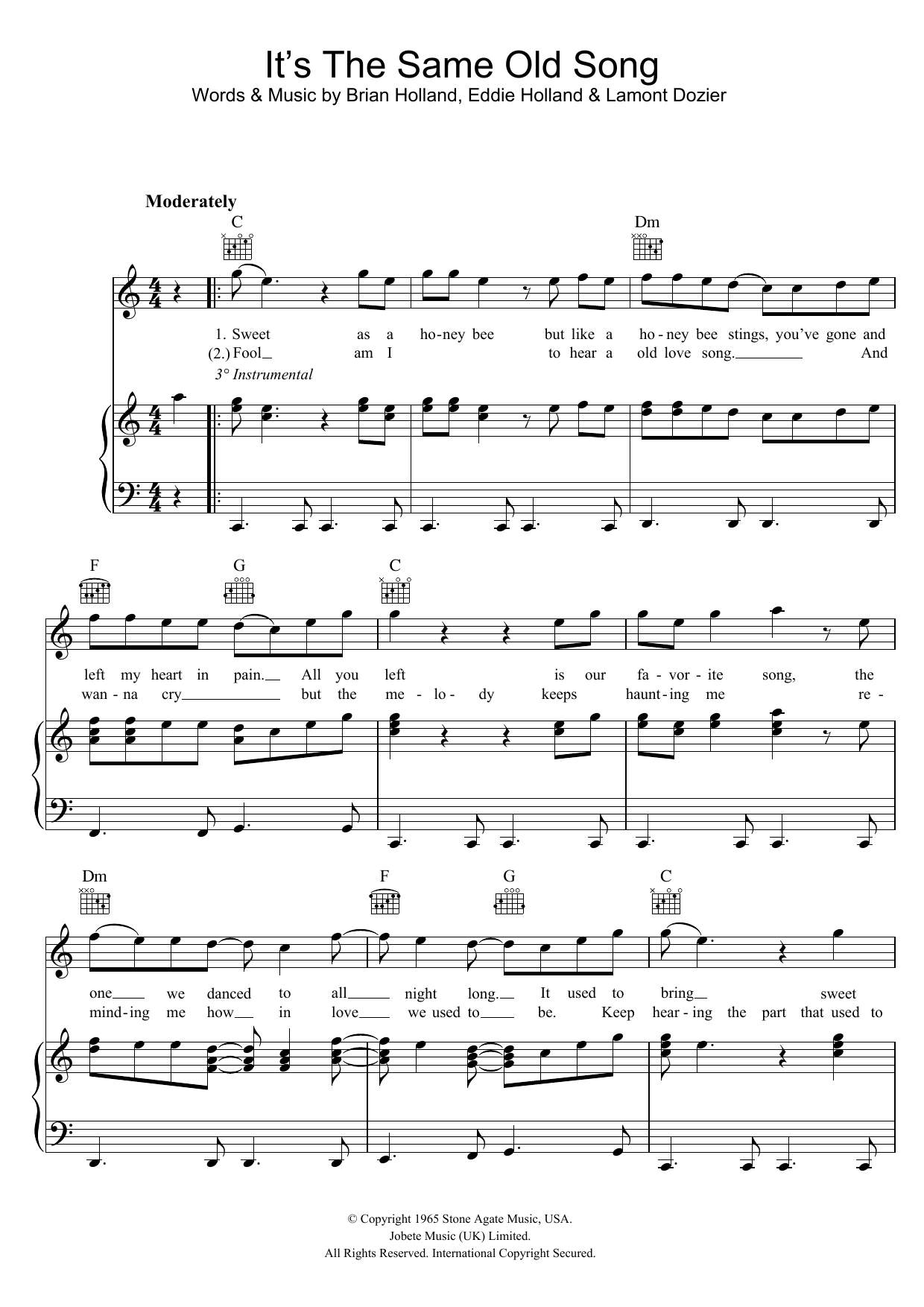 Download The Four Tops It's The Same Old Song Sheet Music and learn how to play Piano, Vocal & Guitar (Right-Hand Melody) PDF digital score in minutes