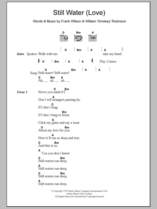 Download The Four Tops Still Water (Love) Sheet Music and learn how to play Lyrics & Chords PDF digital score in minutes