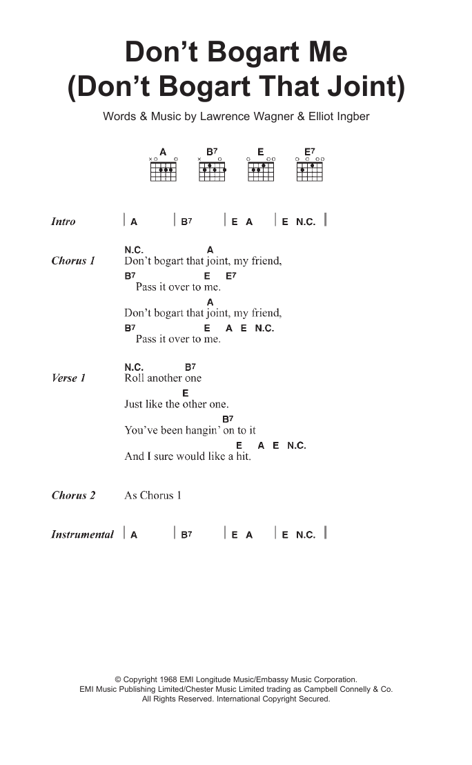 Download The Fraternity Of Man Don't Bogart Me Sheet Music and learn how to play Lyrics & Chords PDF digital score in minutes