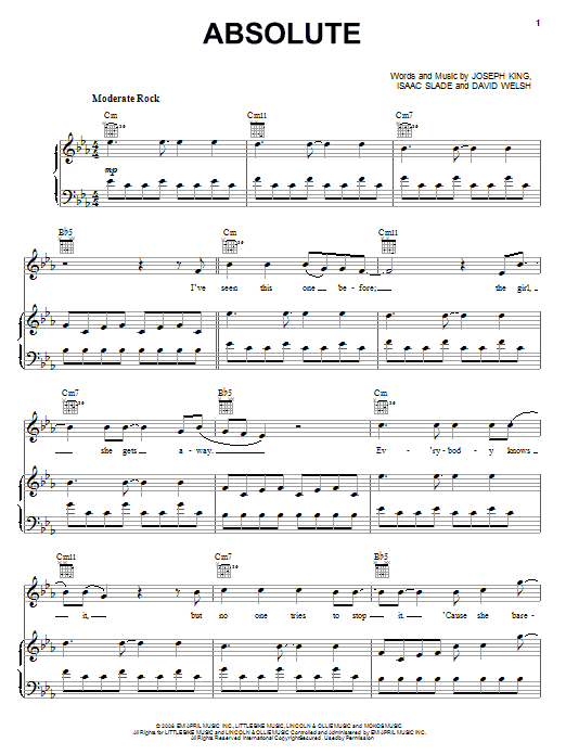 Download The Fray Absolute Sheet Music and learn how to play Piano, Vocal & Guitar (Right-Hand Melody) PDF digital score in minutes