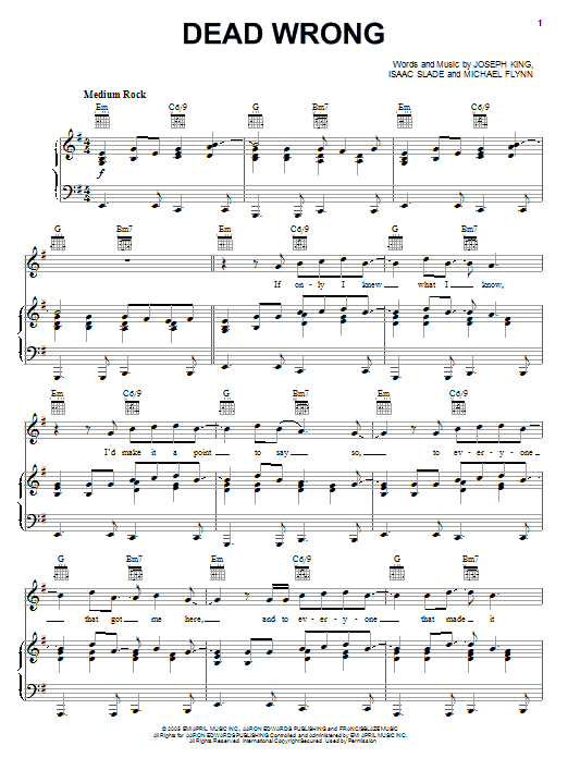 Download The Fray Dead Wrong Sheet Music and learn how to play Piano, Vocal & Guitar (Right-Hand Melody) PDF digital score in minutes