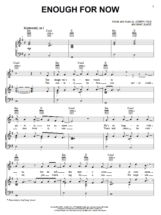 Download The Fray Enough For Now Sheet Music and learn how to play Piano, Vocal & Guitar (Right-Hand Melody) PDF digital score in minutes