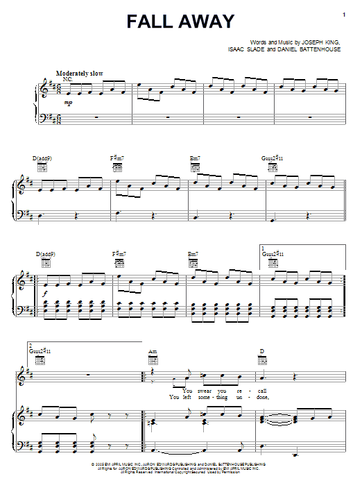 Download The Fray Fall Away Sheet Music and learn how to play Piano, Vocal & Guitar (Right-Hand Melody) PDF digital score in minutes