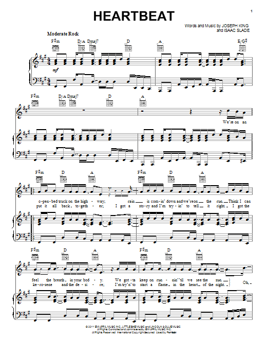 Download The Fray Heartbeat Sheet Music and learn how to play Piano, Vocal & Guitar (Right-Hand Melody) PDF digital score in minutes