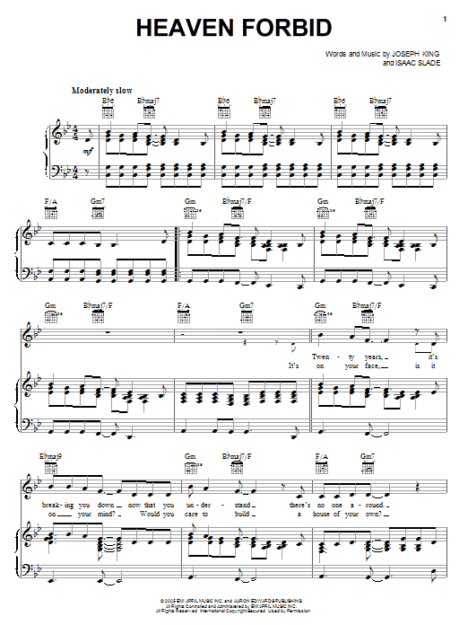 Download The Fray Heaven Forbid Sheet Music and learn how to play Piano, Vocal & Guitar (Right-Hand Melody) PDF digital score in minutes