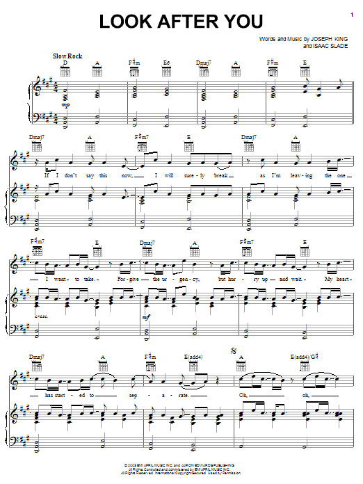 Download The Fray Look After You Sheet Music and learn how to play Piano, Vocal & Guitar (Right-Hand Melody) PDF digital score in minutes