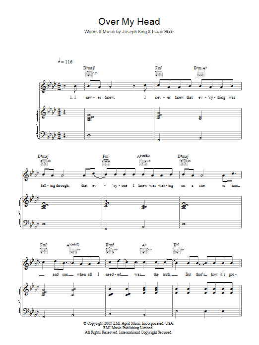 Download The Fray Over My Head (Cable Car) Sheet Music and learn how to play Lyrics & Chords PDF digital score in minutes