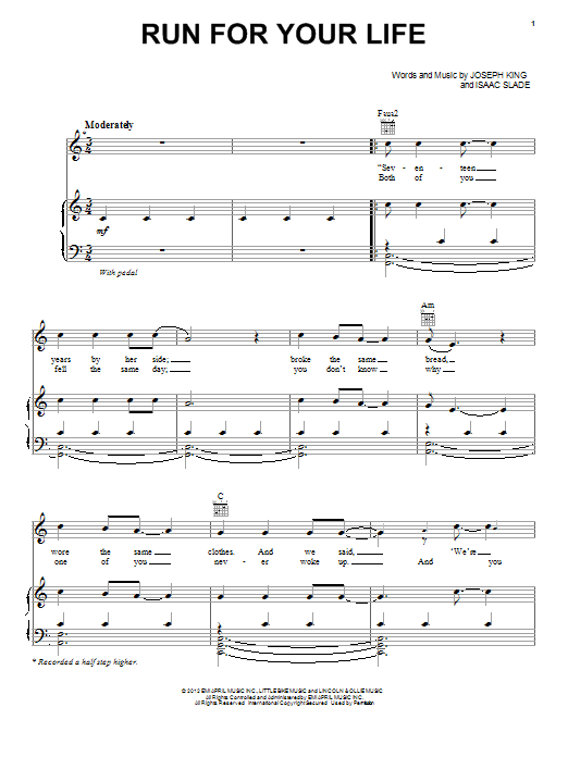 Download The Fray Run For Your Life Sheet Music and learn how to play Piano, Vocal & Guitar (Right-Hand Melody) PDF digital score in minutes