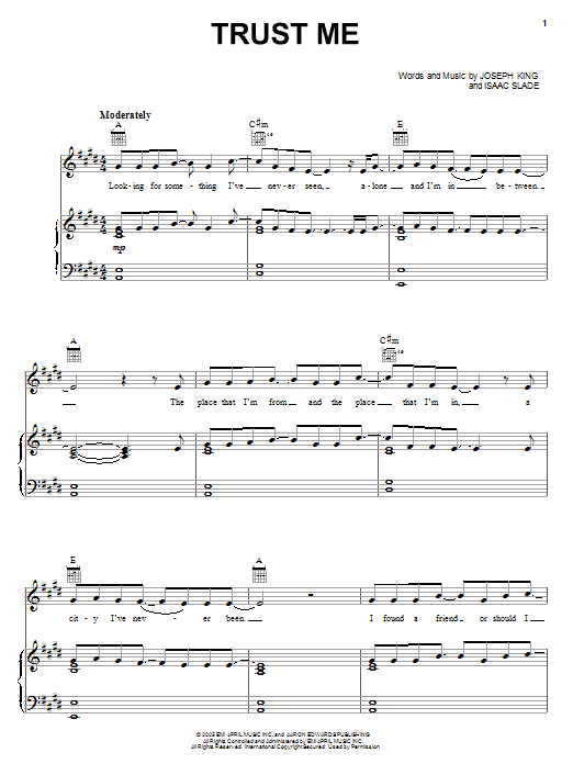 Download The Fray Trust Me Sheet Music and learn how to play Piano, Vocal & Guitar (Right-Hand Melody) PDF digital score in minutes