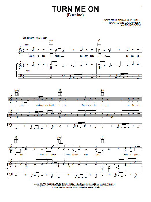 Download The Fray Turn Me On (Burning) Sheet Music and learn how to play Piano, Vocal & Guitar (Right-Hand Melody) PDF digital score in minutes