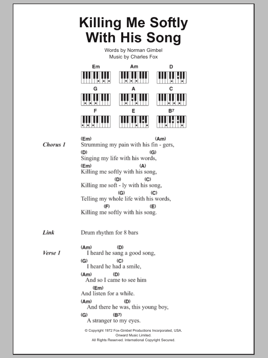 Download Fugees Killing Me Softly Sheet Music and learn how to play Lyrics & Piano Chords PDF digital score in minutes