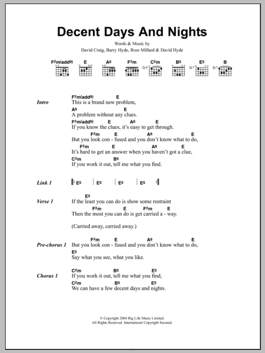 Download The Futureheads Decent Days And Nights Sheet Music and learn how to play Lyrics & Chords PDF digital score in minutes