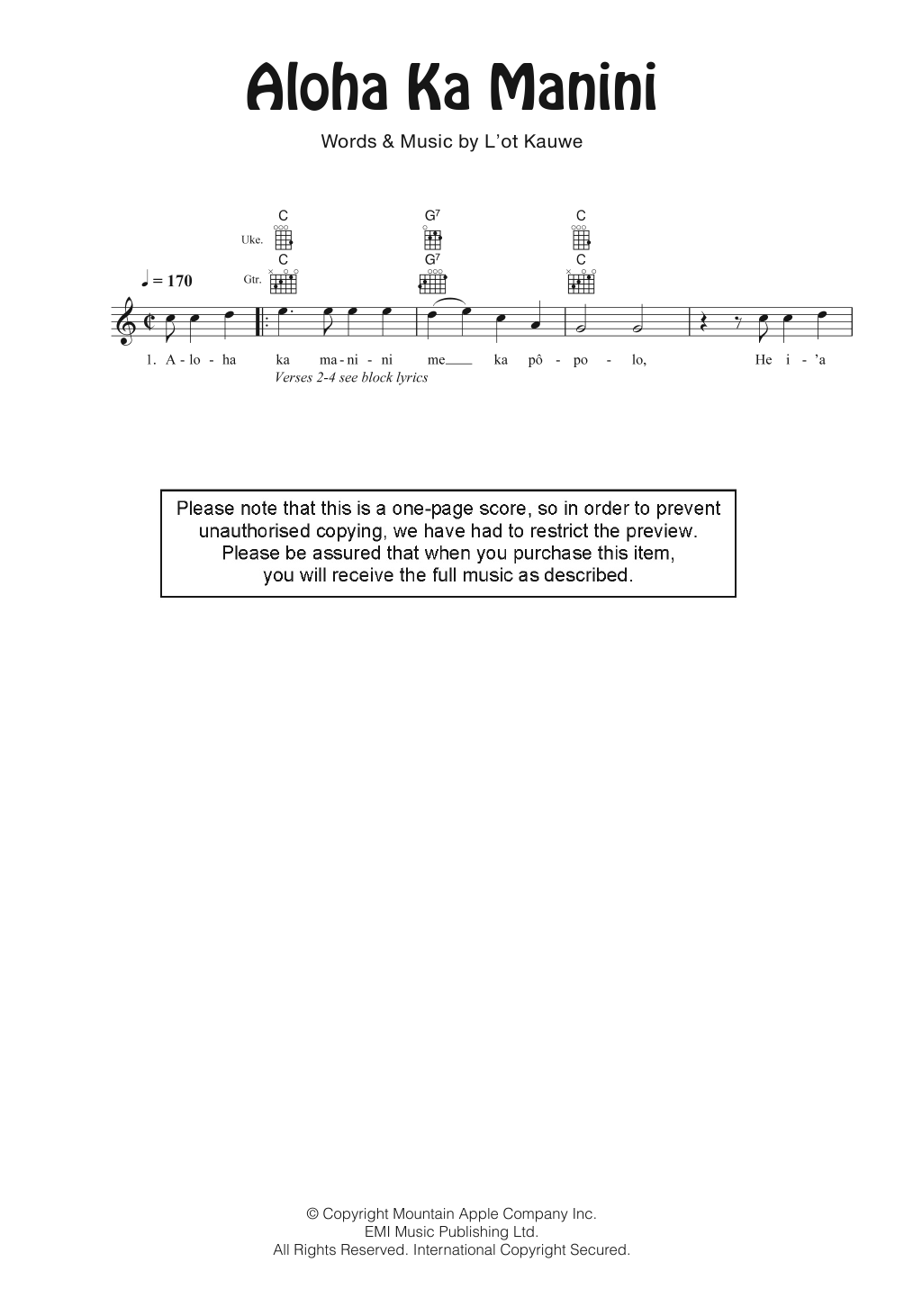 Download The Gabby Pahinui Hawaiian Band Aloha Ka Manini Sheet Music and learn how to play Ukulele PDF digital score in minutes
